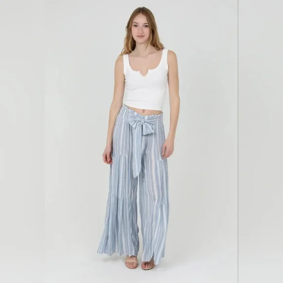 Wide leg striped palazzo pant w/tie waist - Picture 5 of 8